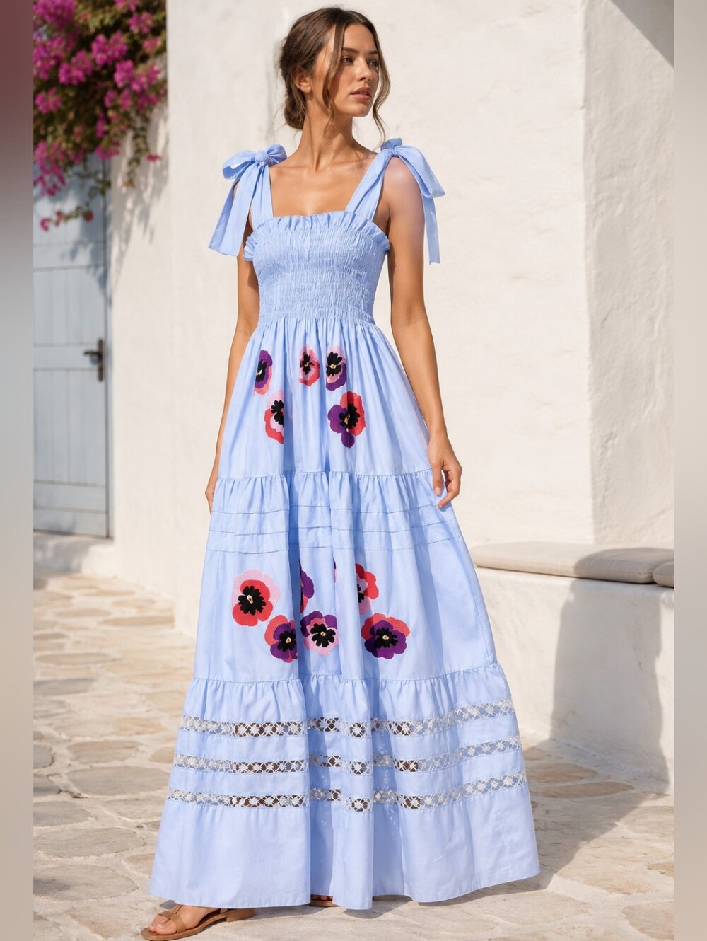 NWT MI GOLONDRINA Valeria Dress Smocked Tie Shoulder Embroidered Lace Blue XS